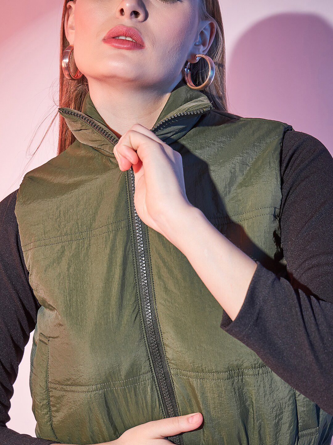 STREET 9 Olive Green Stand Collar Sleeveless Lightweight Crop Bomber Jacket