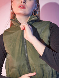 STREET 9 Olive Green Stand Collar Sleeveless Lightweight Crop Bomber Jacket