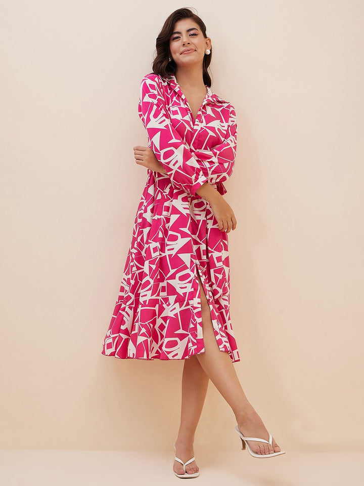 Antheaa Geometric Printed Shirt Style Midi Dress