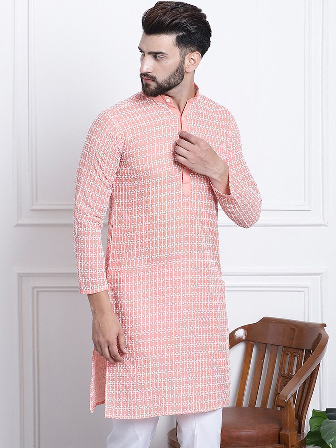 SOJANYA Kolar Mandarin Sulam Bunga Pure Cotton Kurta Lurus