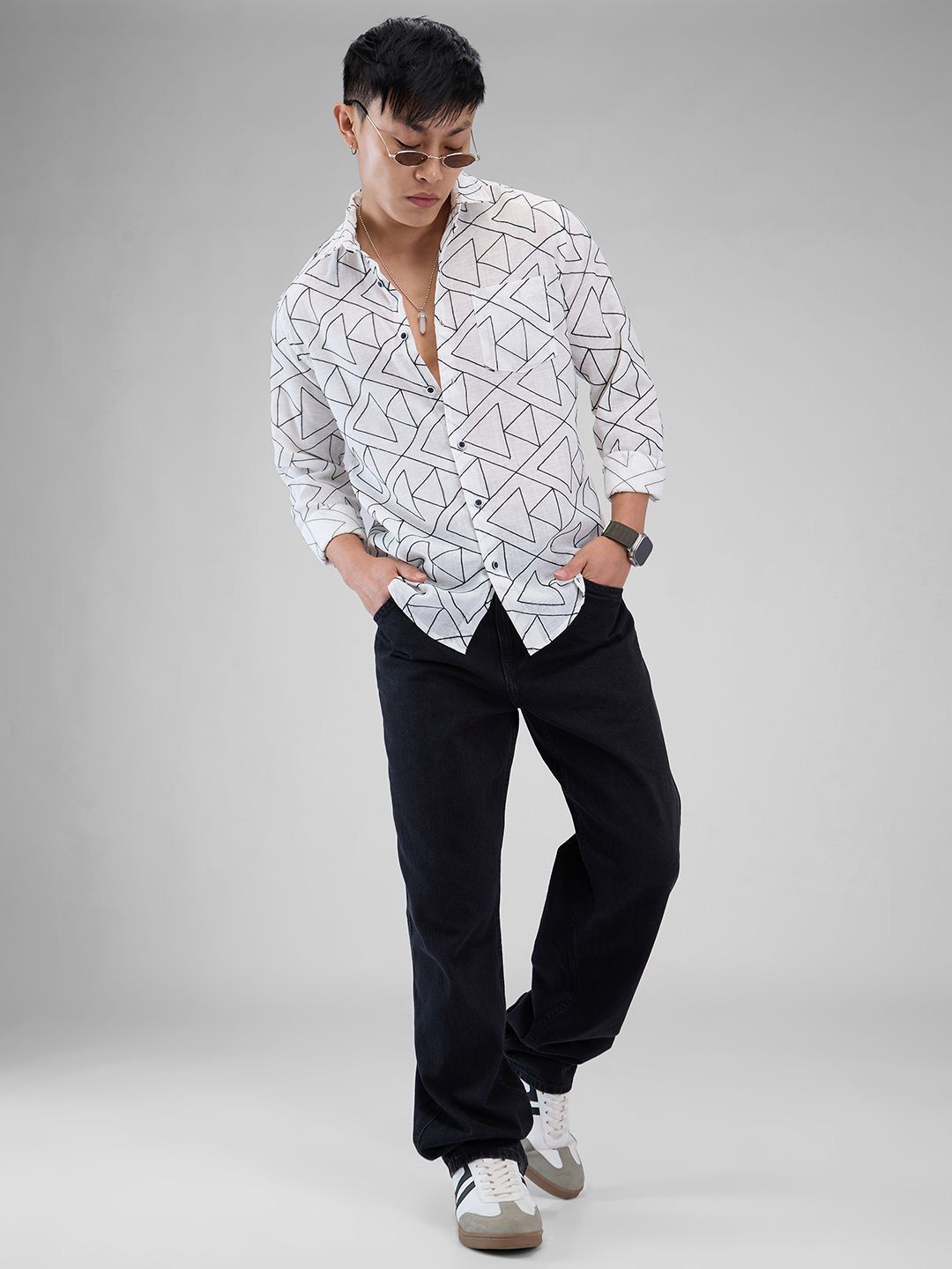 VASTRADO Men Classic Spread Collar Geometric Printed Cotton Slim Fit Casual Shirt