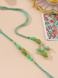 NVR Set of 2 Green Artificial Beads Bhaiya Bhabhi Rakhi with Roli Chawal Chandan & Mishri