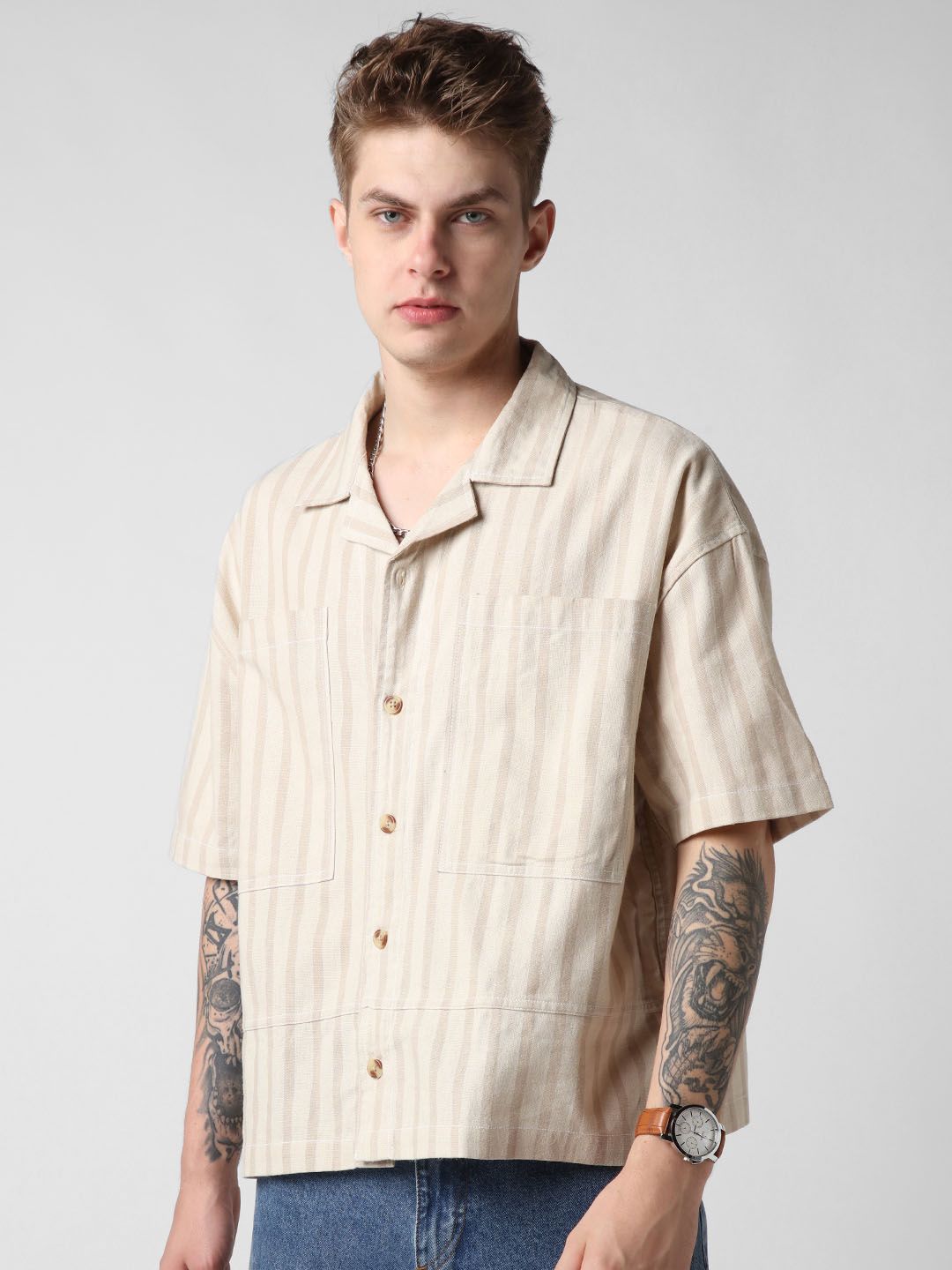 VASTRADO Men Striped Double Pocket Cotton Oversized Cropped Shirt