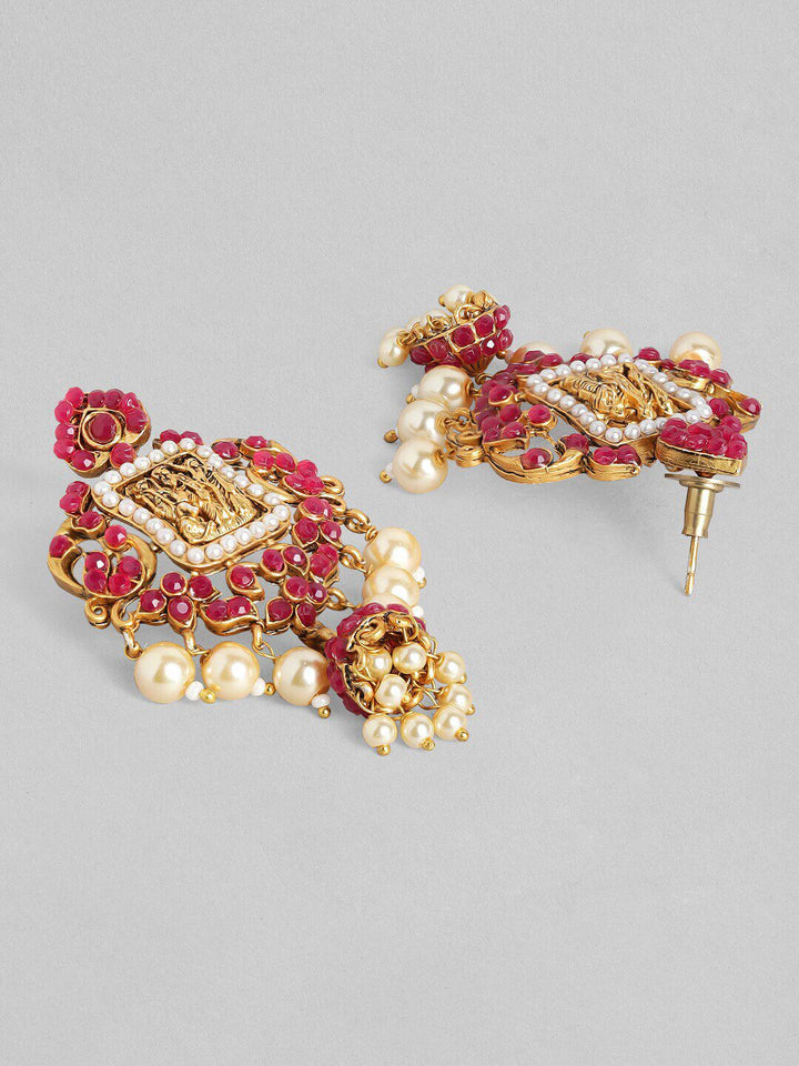 Rubans Gold-Plated & Red Stone-Studded & Pearl Beaded Handcrafted Jewellery Set