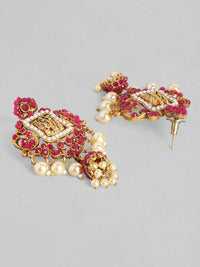 Rubans Gold-Plated & Red Stone-Studded & Pearl Beaded Handcrafted Jewellery Set
