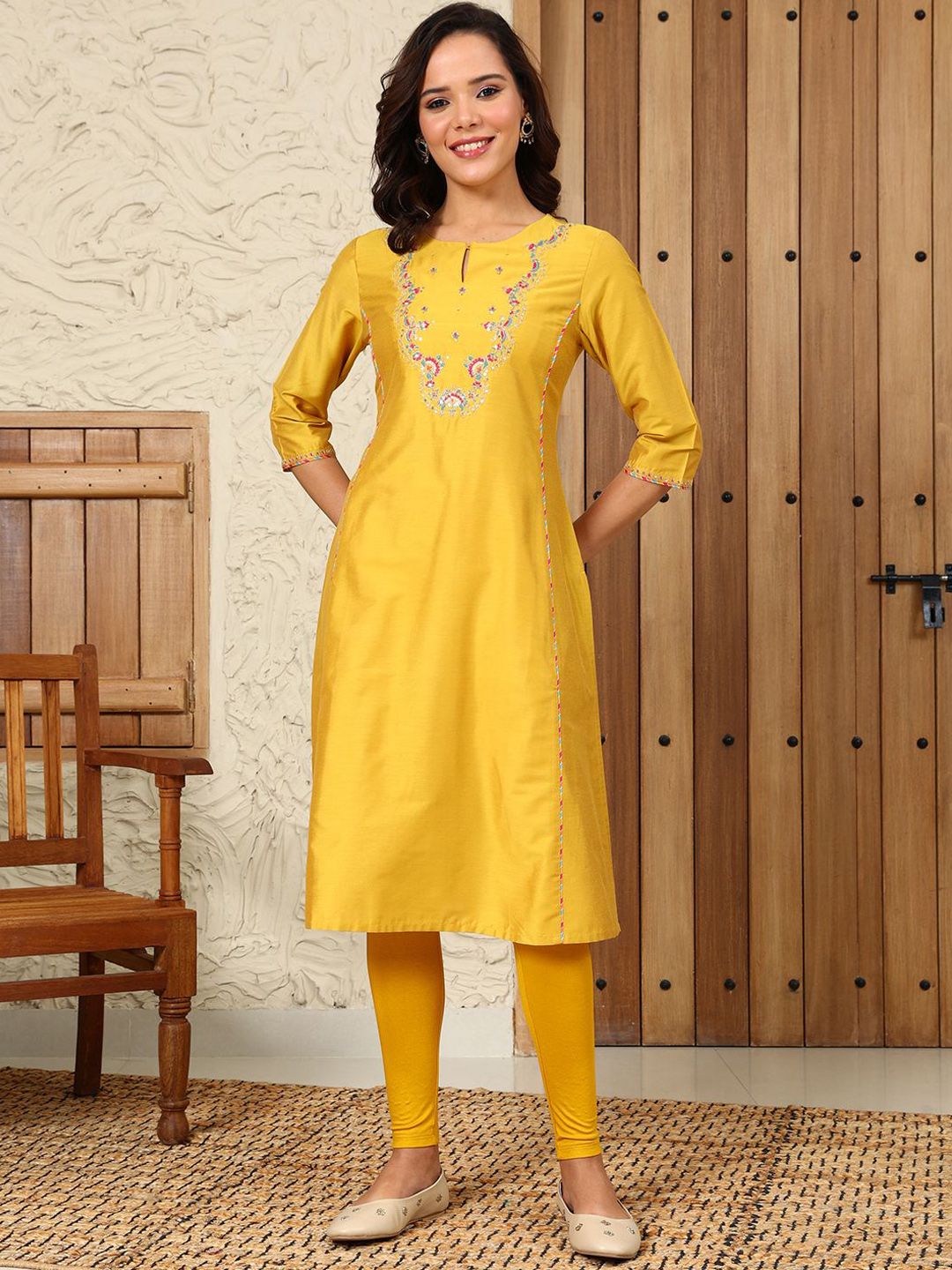 W Women Flared Sleeves Mirror Work Kurta