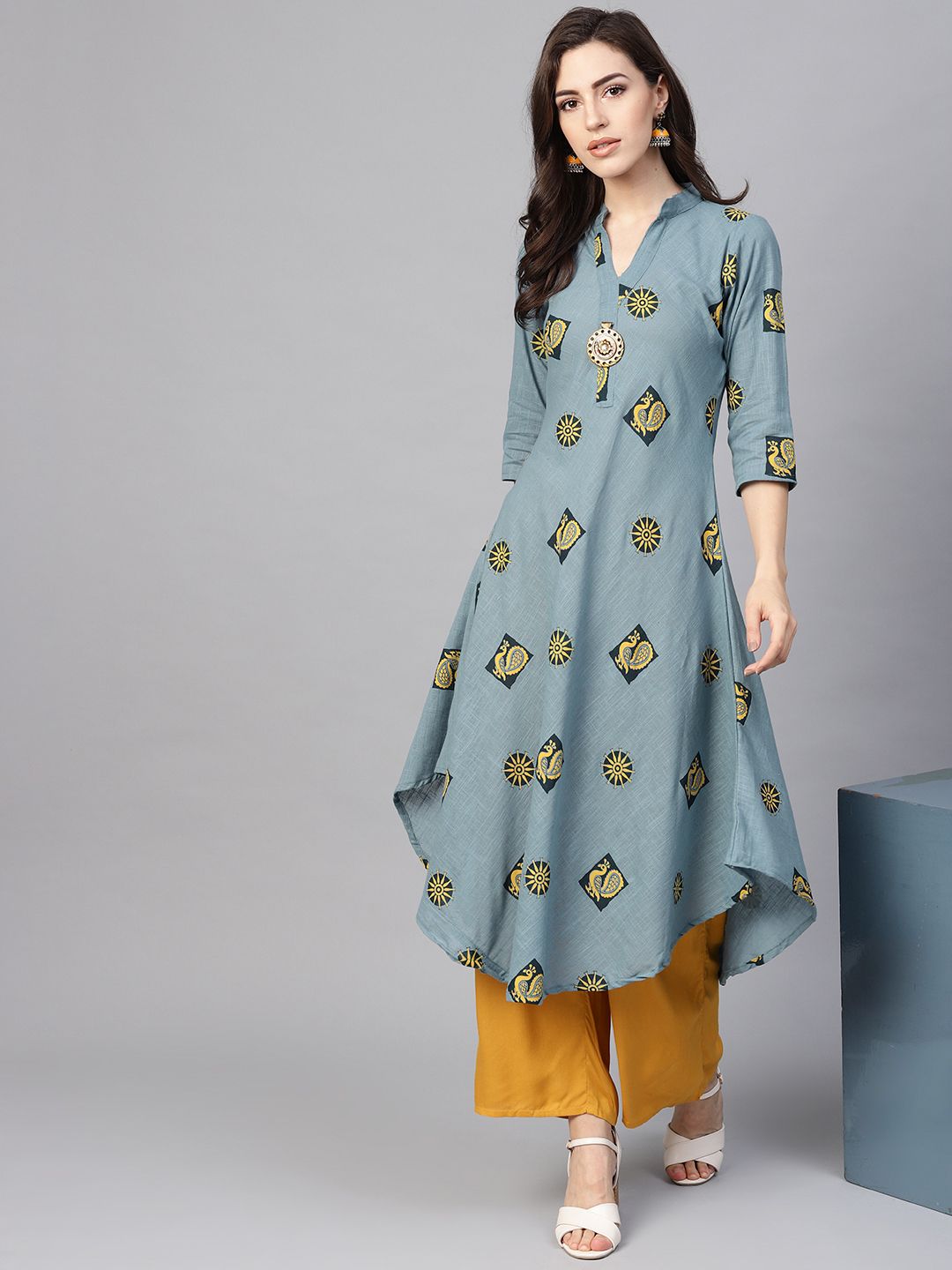 SOJANYA Kurta Bercetak A-Line Wanita Biru & Kuning