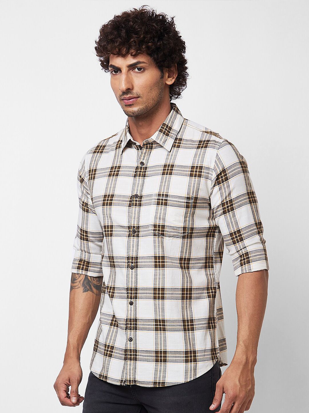 SPYKAR Long Sleeves Regular Fit Tartan Checks Opaque Checked Pure Cotton Casual Shirt