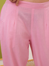 Vishudh Pink Floral Embroidered Mandarin Collar Pure Cotton Straight Kurta With Trousers