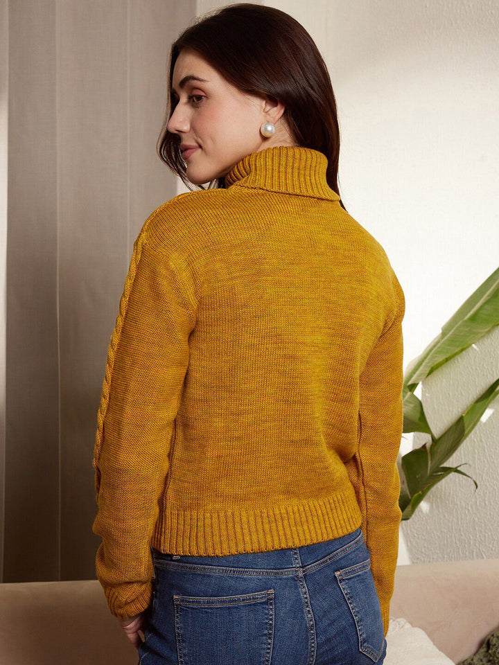 Berrylush Mustard Yellow Cable Knit Self Design Turtle Neck Acrylic Pullover Sweater
