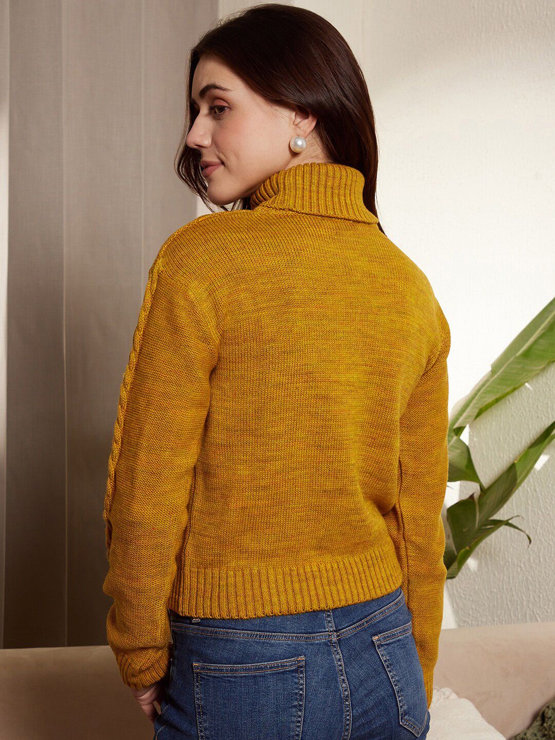 Berrylush Mustard Yellow Cable Knit Self Design Turtle Neck Acrylic Pullover Sweater