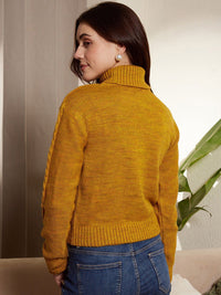 Berrylush Mustard Yellow Cable Knit Self Design Turtle Neck Acrylic Pullover Sweater