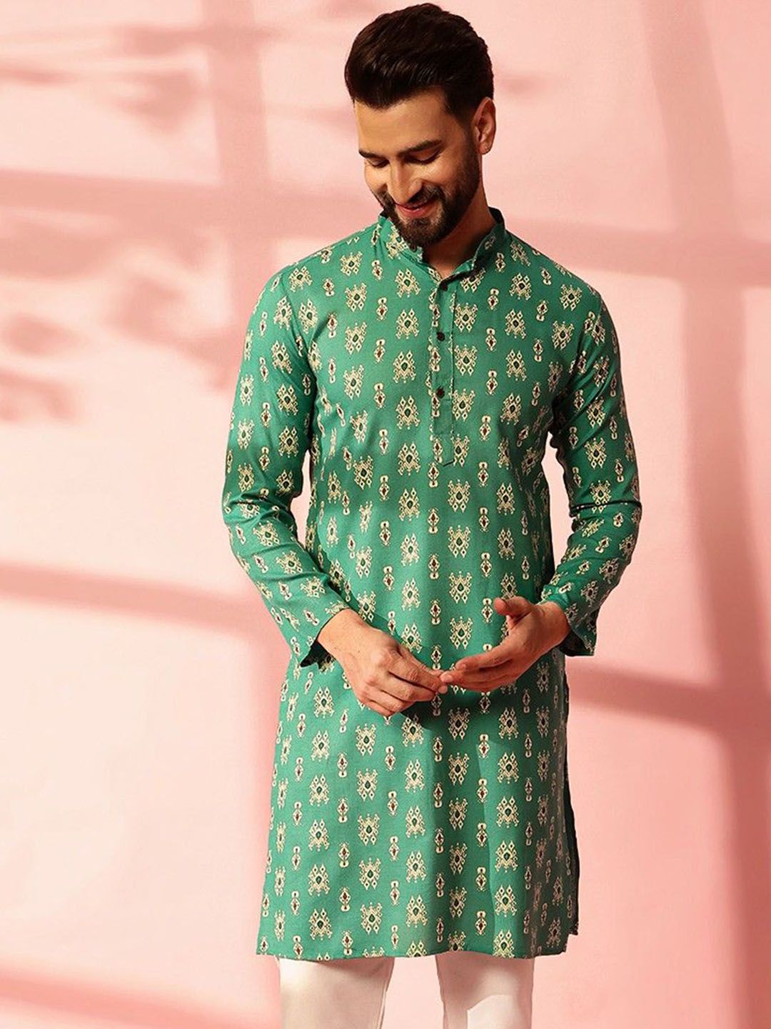 Anouk Ethnic Motifs Printed Band Collar Ikat Technique Straight Cotton Linen Kurta