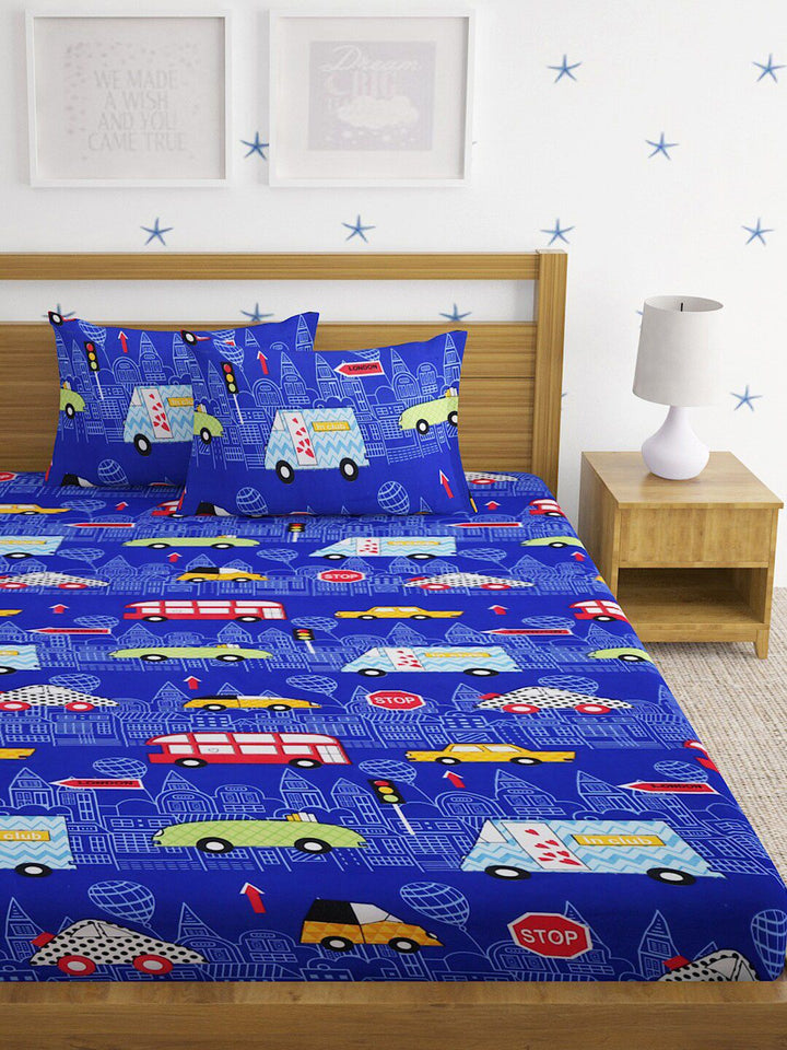 HOSTA HOMES Kids Blue & Red Printed 210 TC Queen Flat Bedsheet with 2 Pillow Covers