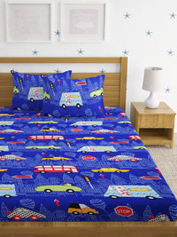 HOSTA HOMES Kids Blue & Red Printed 210 TC Queen Flat Bedsheet with 2 Pillow Covers