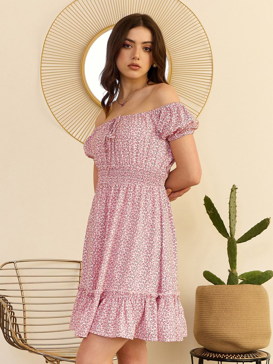 Berrylush Pink Floral Print Off-Shoulder Smocked Fit & Flare Dress