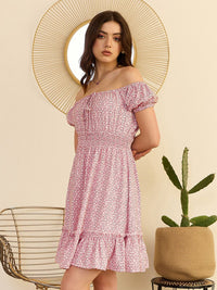Berrylush Pink Floral Print Off-Shoulder Smocked Fit & Flare Dress