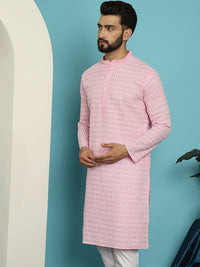 SOJANYA Striped Embroidered Thread Work Mandarin Collar Pure Cotton Straight Kurta