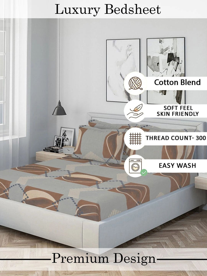 Moda Rapido X KLOTTHE Grey & Brown Geometric 300 TC King Bedsheet with 4 Pillow Covers