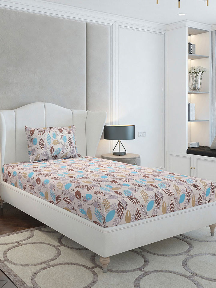 Monte Carlo Beige & Blue Floral Cotton 104 TC Single Bedsheet Set-2.24 m x 1.52 m