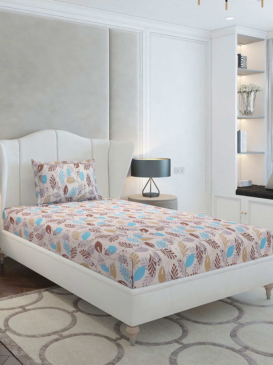 Monte Carlo Beige & Blue Floral Cotton 104 TC Single Bedsheet Set-2.24 m x 1.52 m