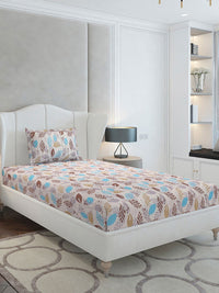 Monte Carlo Beige & Blue Floral Cotton 104 TC Single Bedsheet Set-2.24 m x 1.52 m