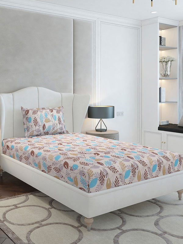 Monte Carlo Beige & Blue Floral Cotton 104 TC Single Bedsheet Set-2.24 m x 1.52 m