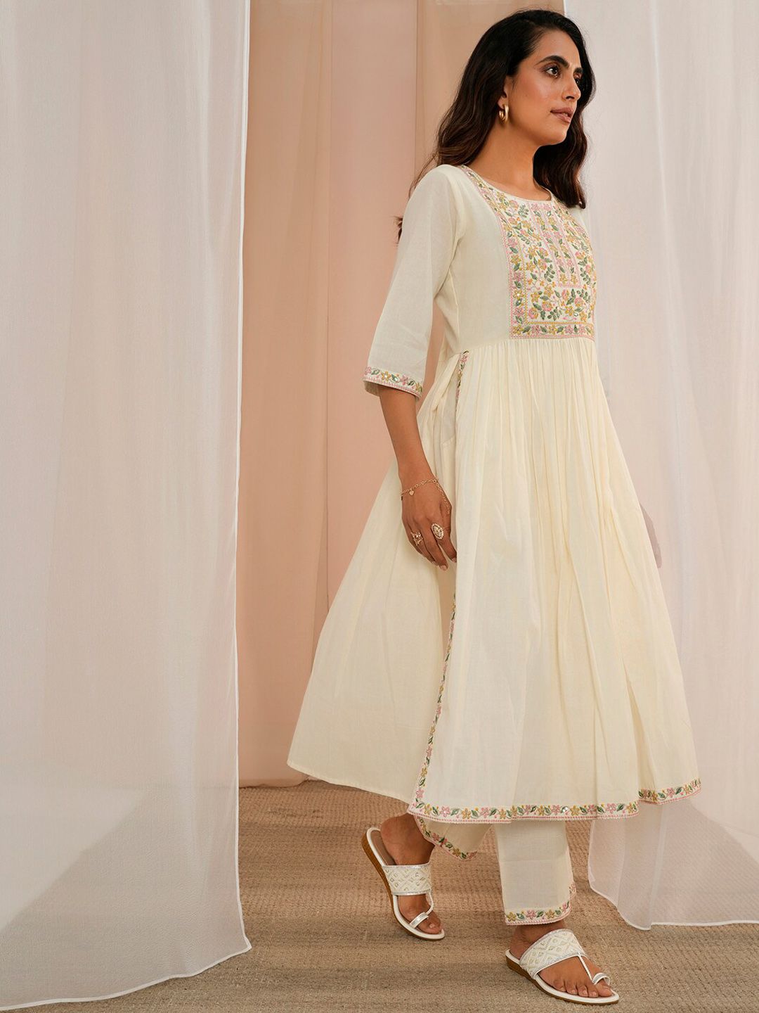 Libas Floral Yoke Design Pleated Thread Work Pure Cotton Kurta With Palazzos & Dupatta