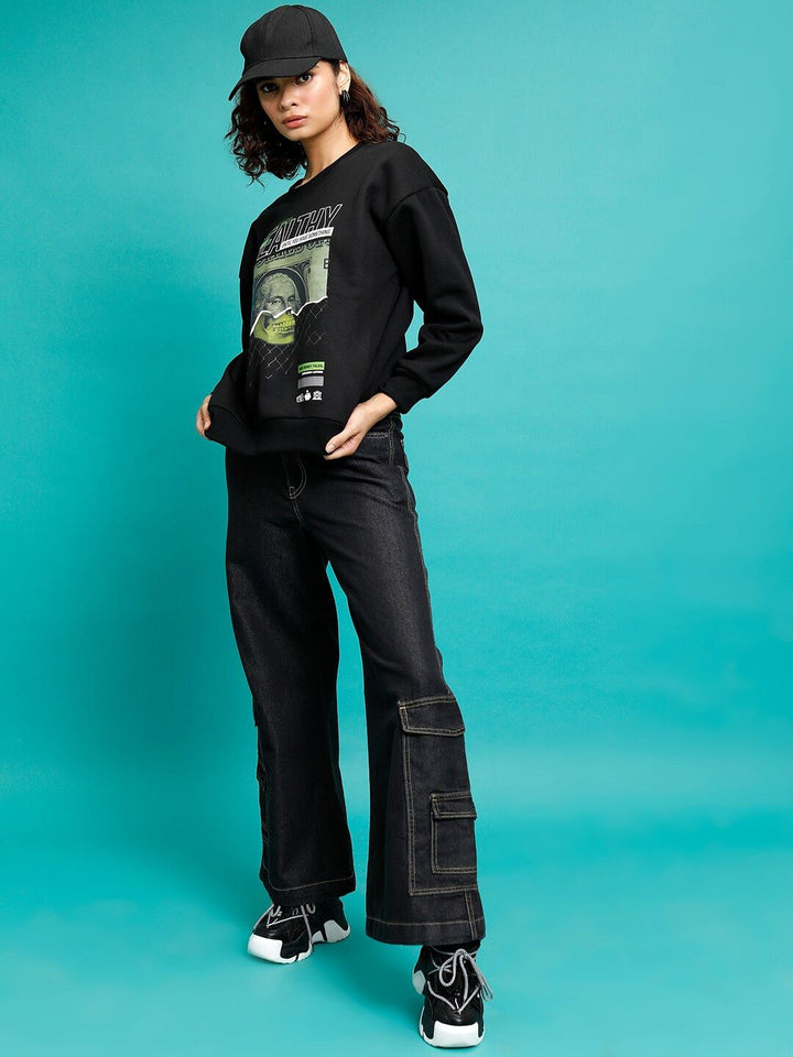 Tokyo Talkies Black Graphic Printed Round Neck Oversized Pullover Sweatshirt