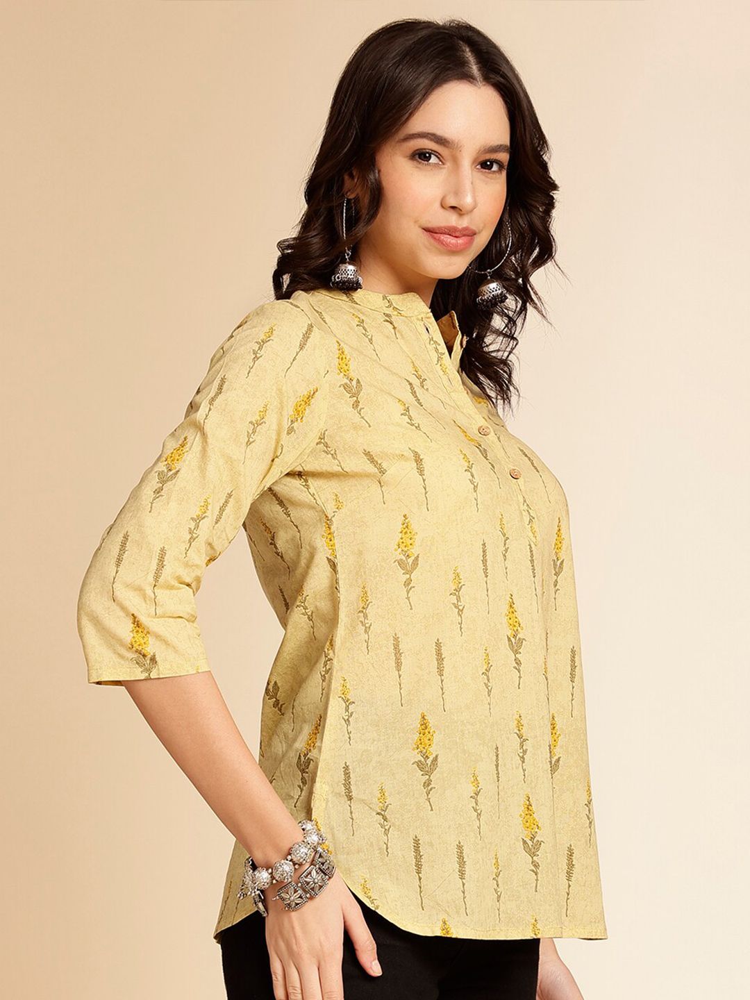 Anouk Mustard Yellow Botanical Printed Mandarin Collar Pure Cotton Short Kurti