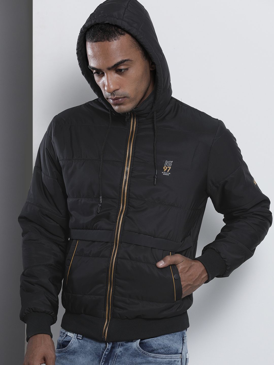 The Indian Garage Co Men Slim Fit Zip-Front Puffer Jacket with Hood