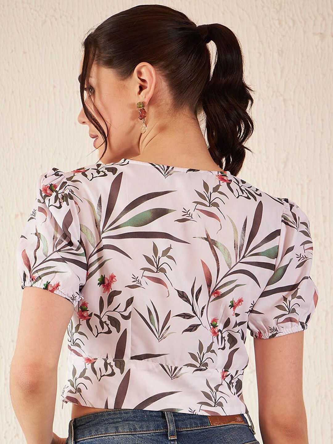 DENNISON Floral Print Puff Sleeve Crepe Blouson Crop Top