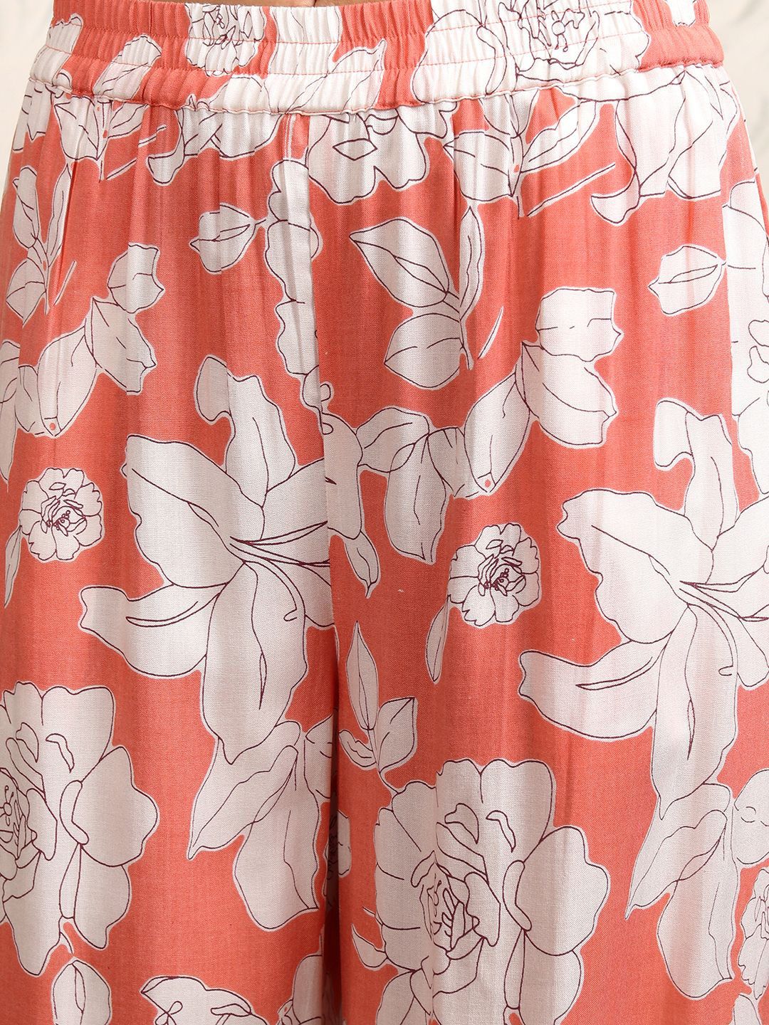 Vishudh Coral Pink Floral Printed Pure Cotton Longline Shirt With Palazzos