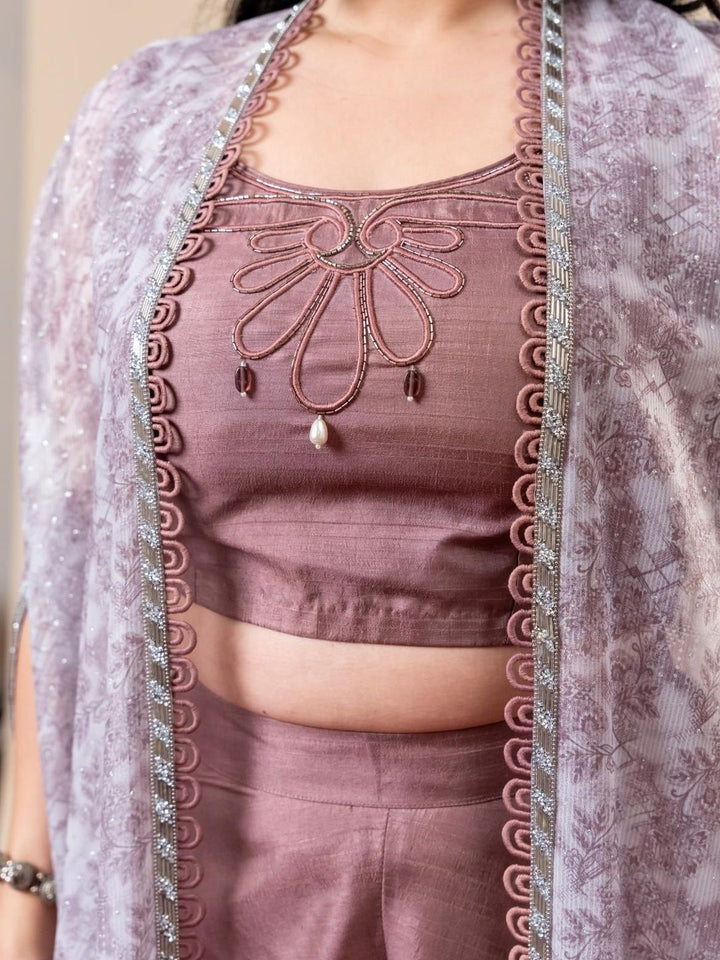 Mamicha Printed Round Neck Crop Top With Cape & Palazzos Co-Ords Set