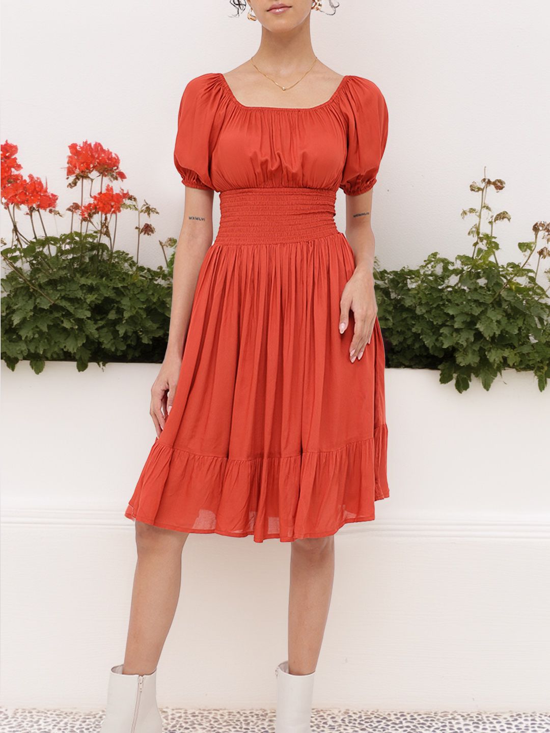 DressBerry Effortless Essence Smocked Waist Puff Sleeves A-line Dress