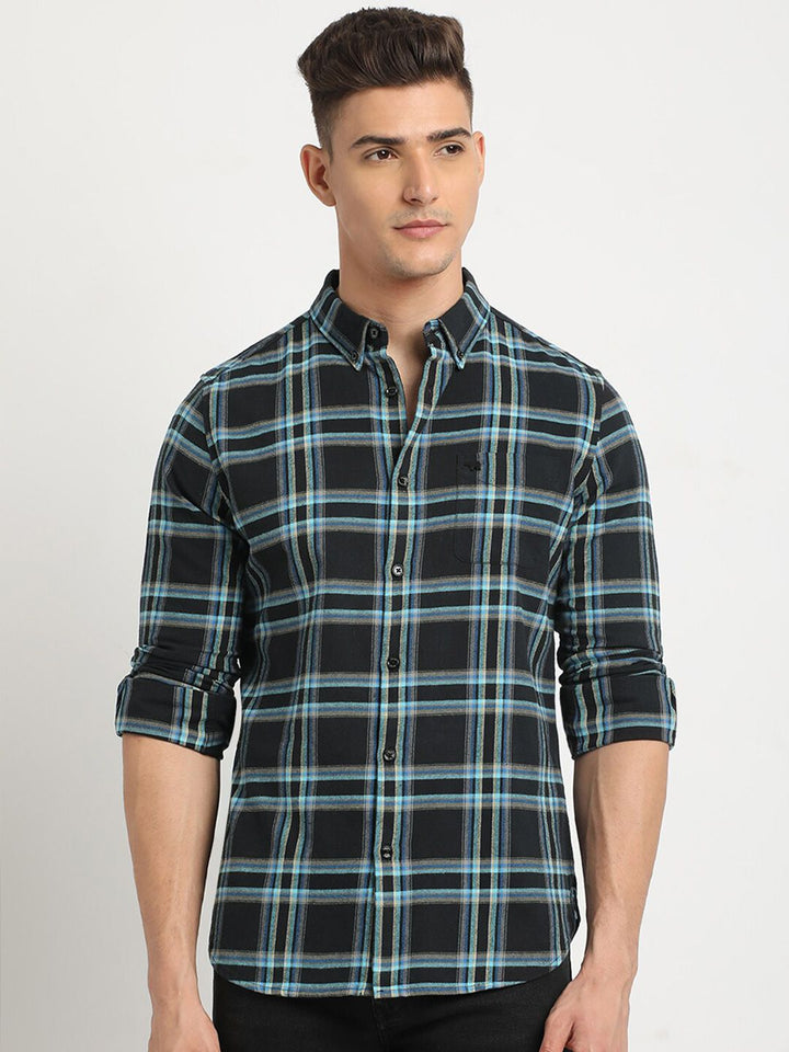 THE BEAR HOUSE Button-Down Collar Tartan Checks Long Sleeves Slim Fit Cotton Casual Shirt
