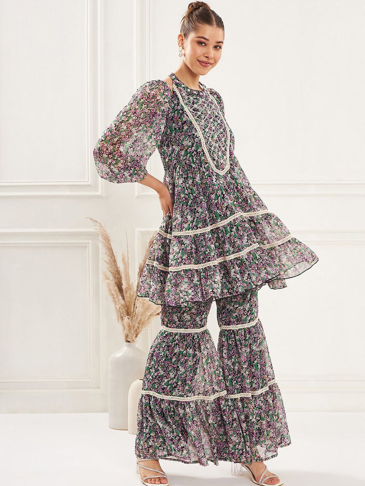 Antheaa Floral Printed Lace Insert Top & Sharara