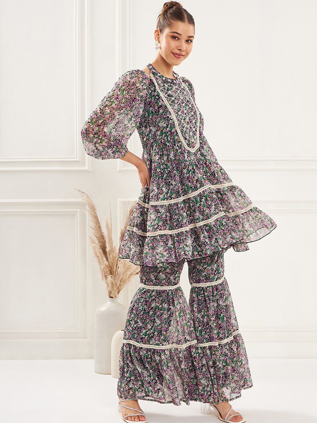 Antheaa Floral Printed Lace Insert Top & Sharara