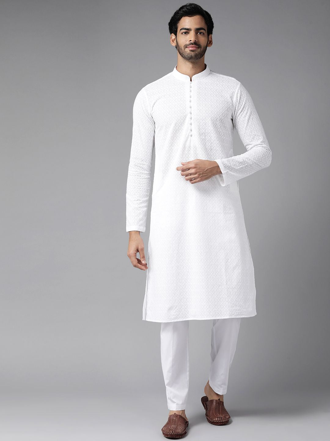 See Designs Men White Ethnic Motifs Embroidered Chikankari Pure Cotton Kurta with Pyjamas