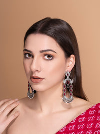 PANASH Silver-Plated Stones Studded And Beaded Contemporary Shaped Oxidized Drop Earrings