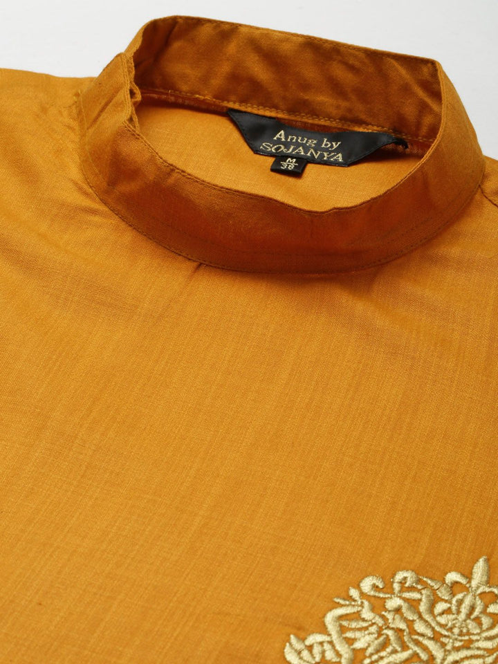 Anug by SOJANYA Men Mustard Yellow Thread Work Pure Cotton Kurta