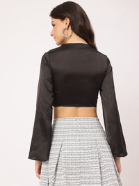 DressBerry Retro Bell Sleeves Embroidered Trims Satin-Finish Crop Top