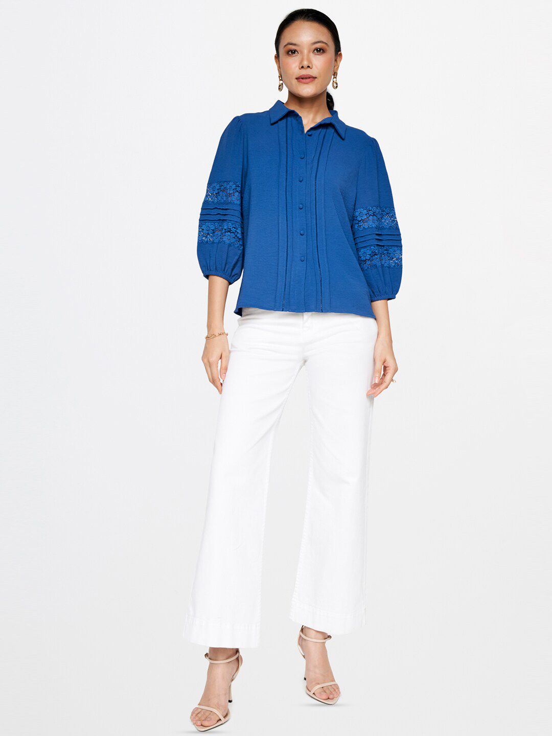 AND Self Design Puff Sleeves Shirt Style Top