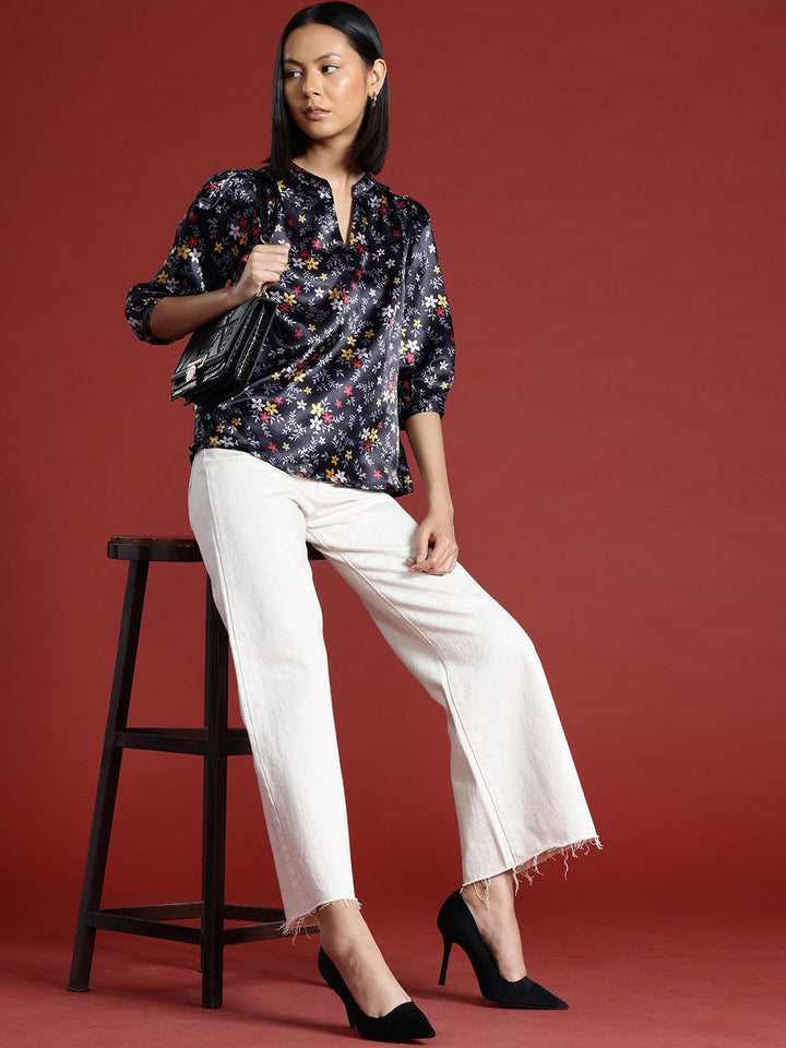 all about you Floral Print Satin Finish Mandarin Collar Puff Sleeve Top