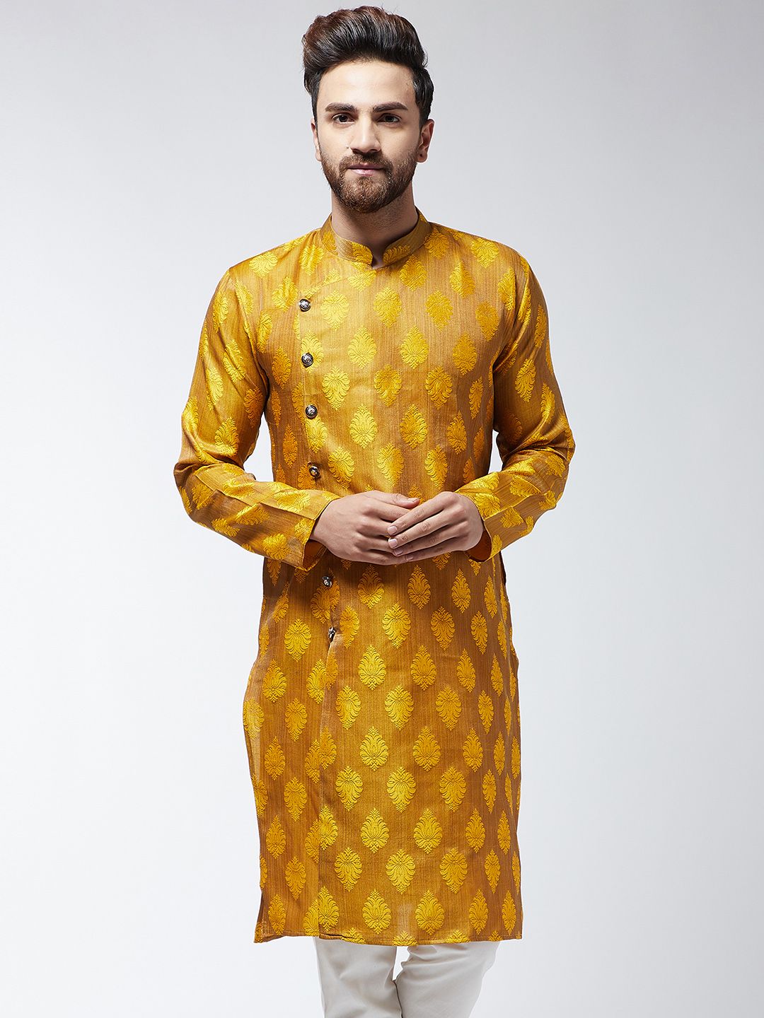 SOJANYA Lelaki Mustard Jacquard Silk Sulam Kurta Lurus
