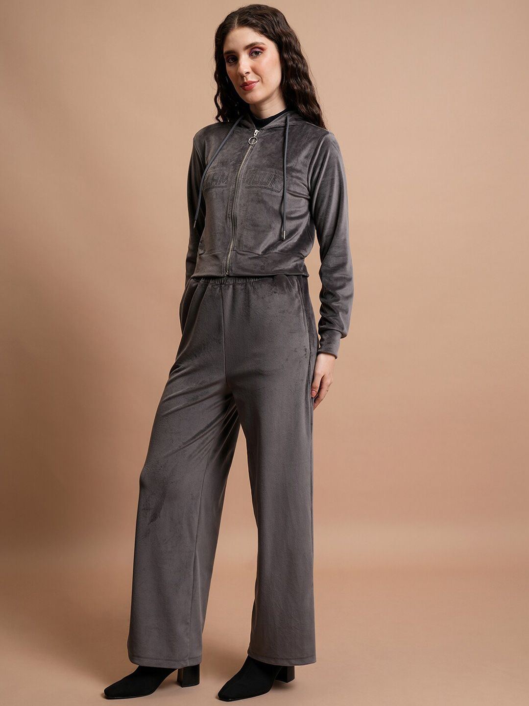 Tokyo Talkies Embellished Hooded Cropped Sweatshirt & Wide Leg Trousers