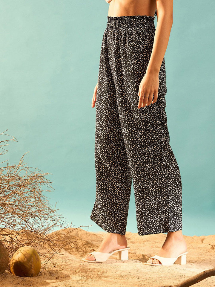 Berrylush Women Black Floral Printed Relaxed Straight Leg High-Rise Parallel Trouser