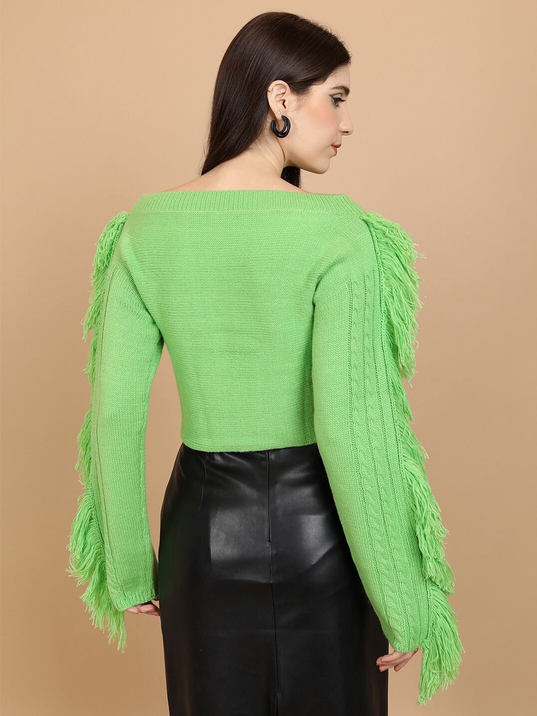 Tokyo Talkies Green Cable Knit Self Design Boat Neck Fringed Acrylic Crop Pullover Sweater
