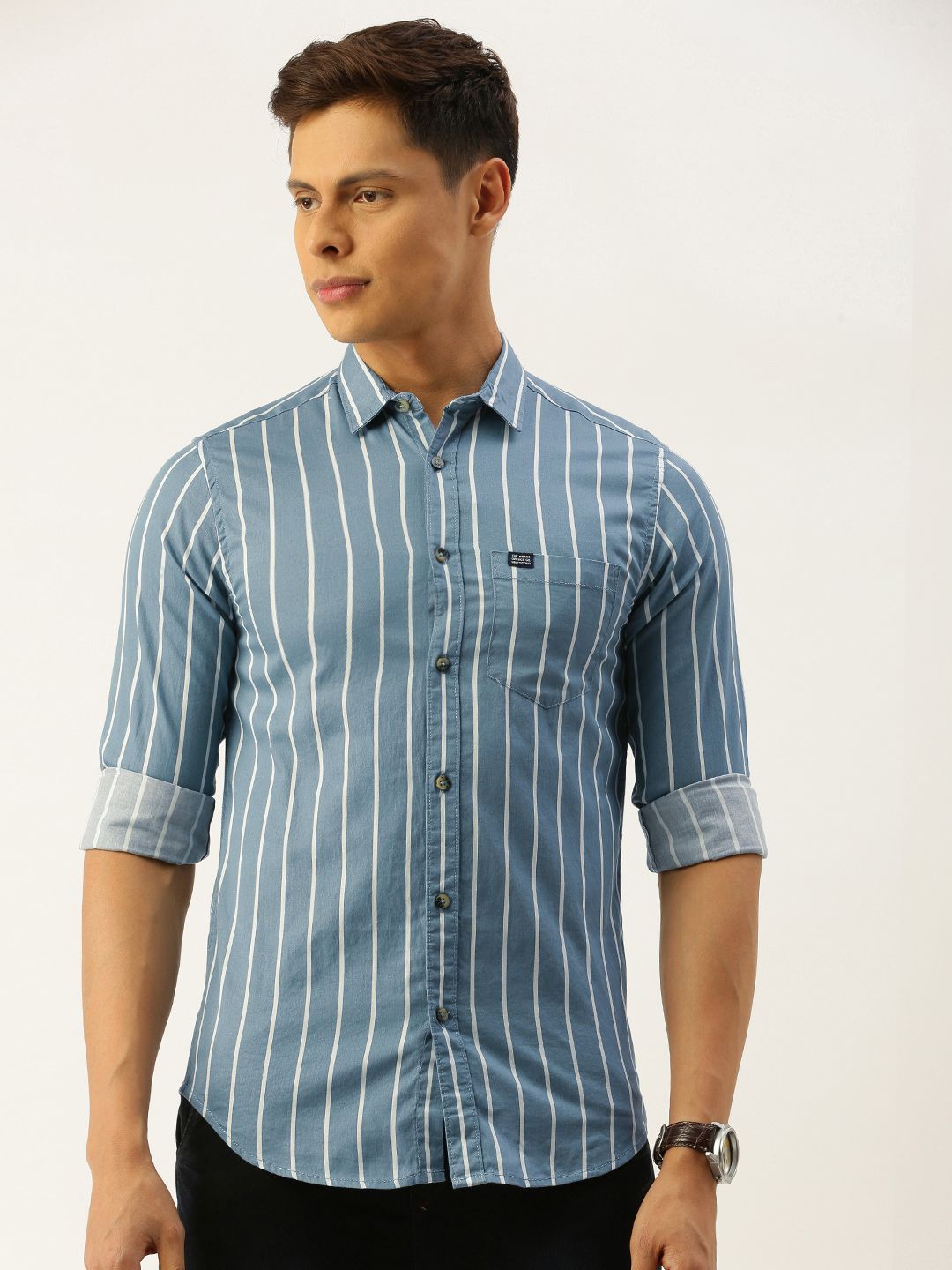 The Indian Garage Co Men Grey & White Slim Fit Striped Casual Shirt