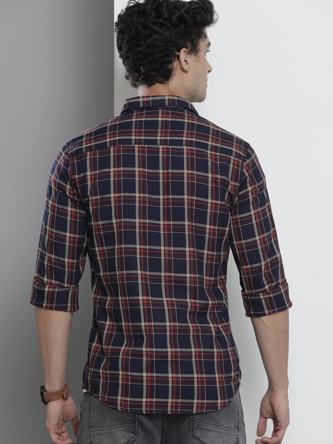 The Indian Garage Co Men Navy Blue & Orange Checked Casual Shirt